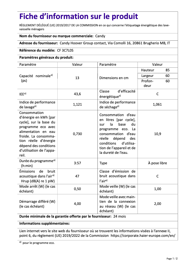 Image de la première page du manuel de l'appareil CF 3C7L0S
