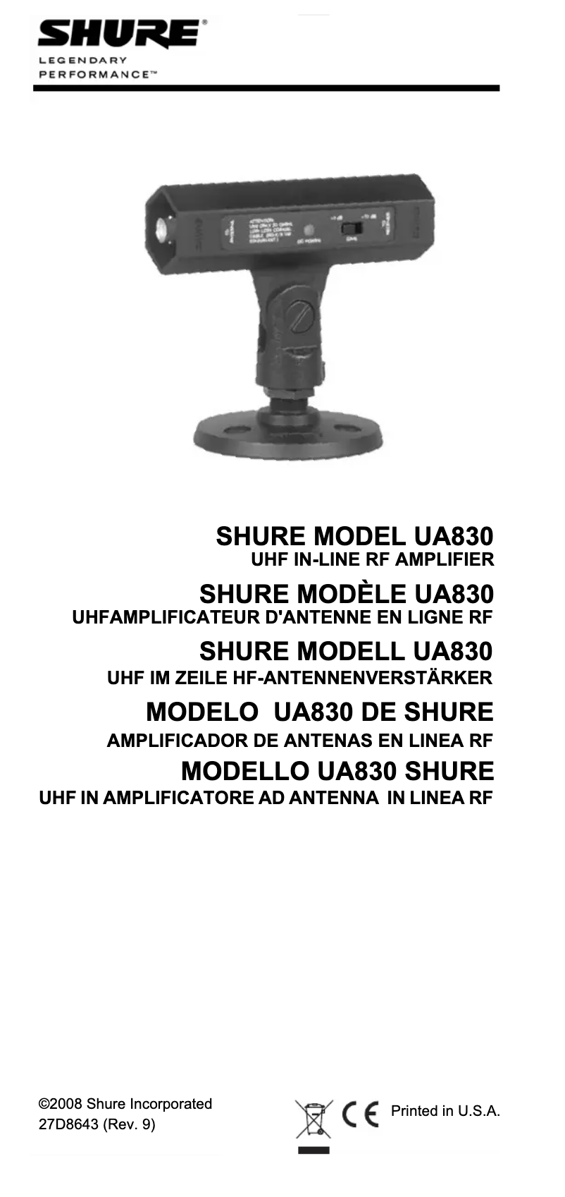 Page n°1 - Manuel utilisateur Shure UA830