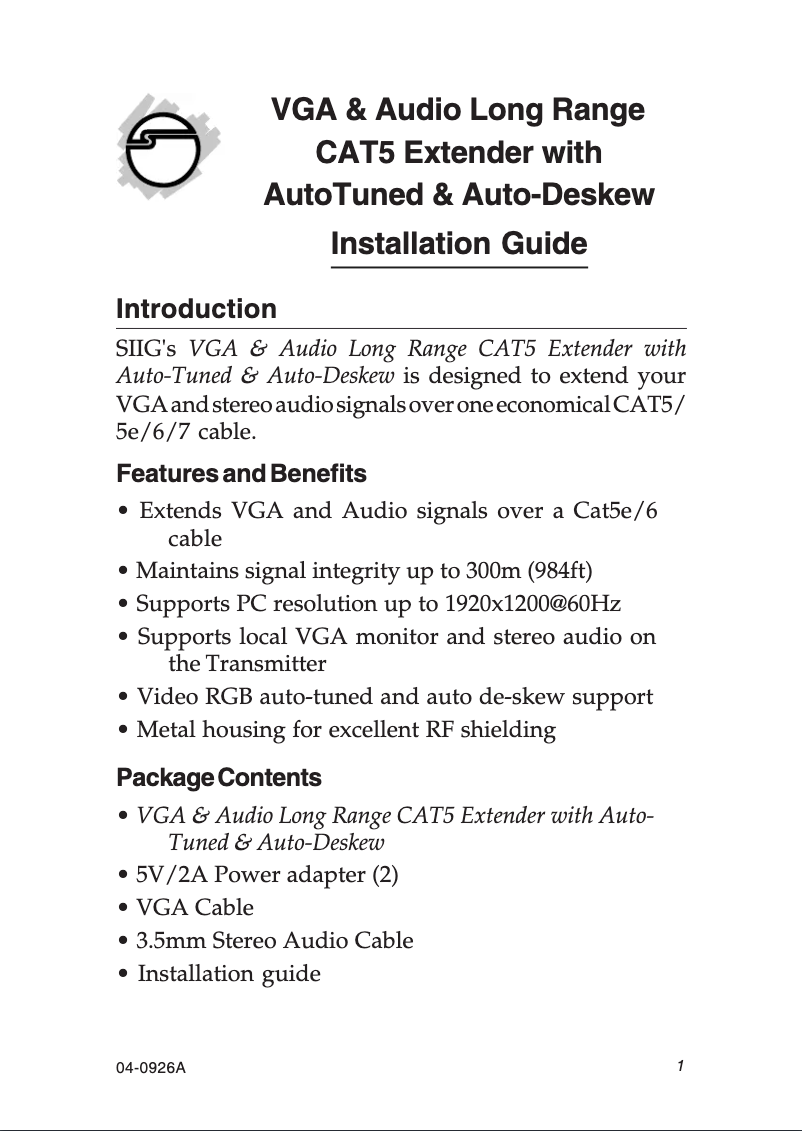 Page 1 de la notice Manuel utilisateur Siig CE-VG0T11-S1