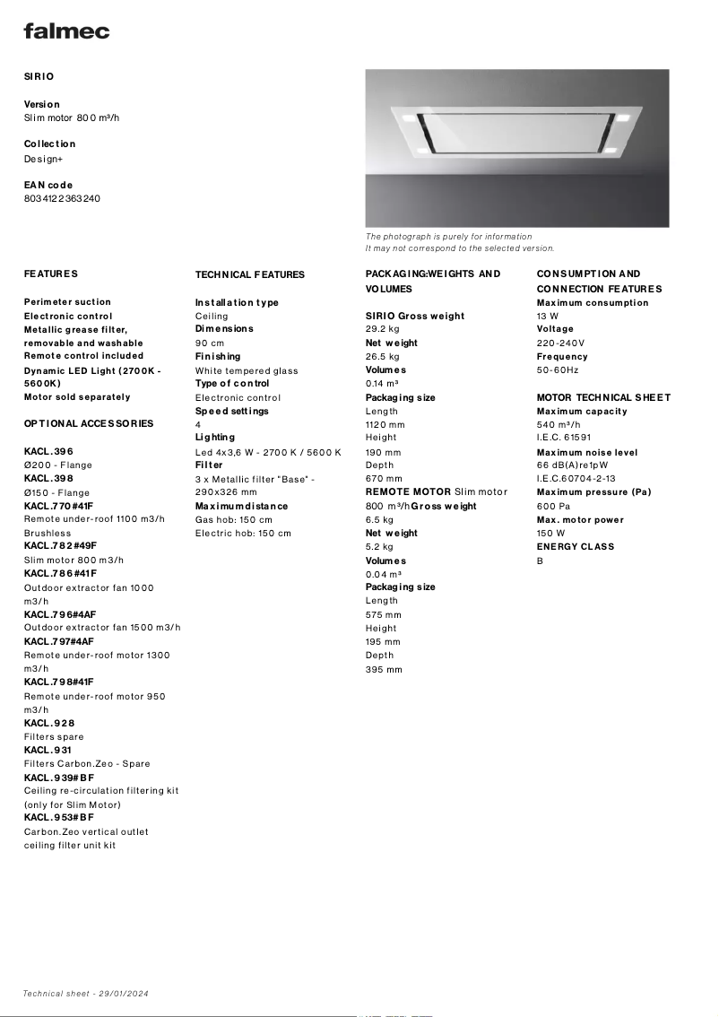 Page 1 de la notice Fiche technique Falmec Sirio Evo