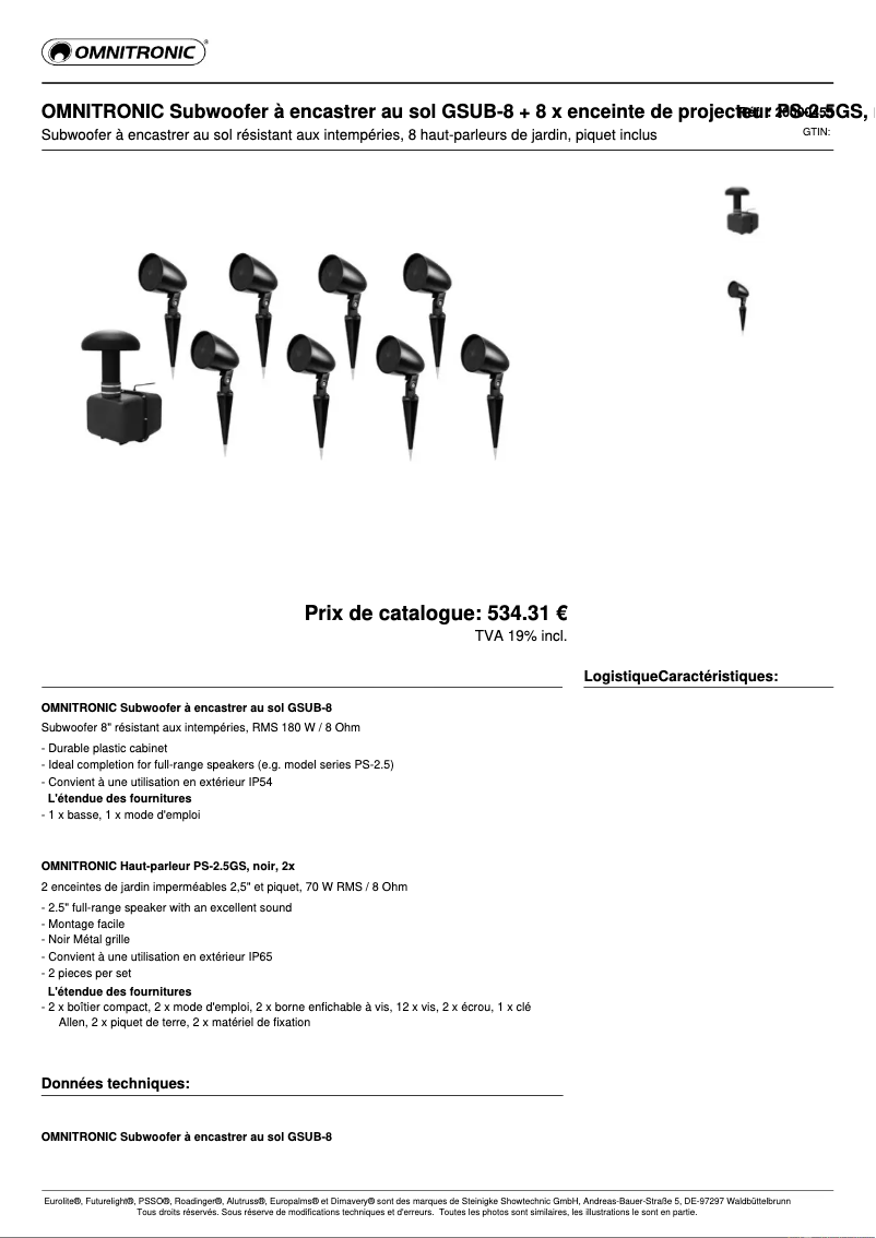 Page n°1 - Fiche technique Omnitronic GSUB-8