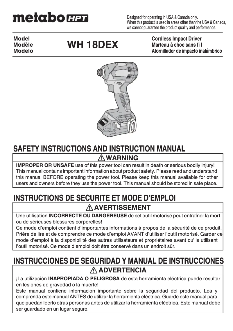 Page 1 de la notice Manuel utilisateur Metabo WH18DEX