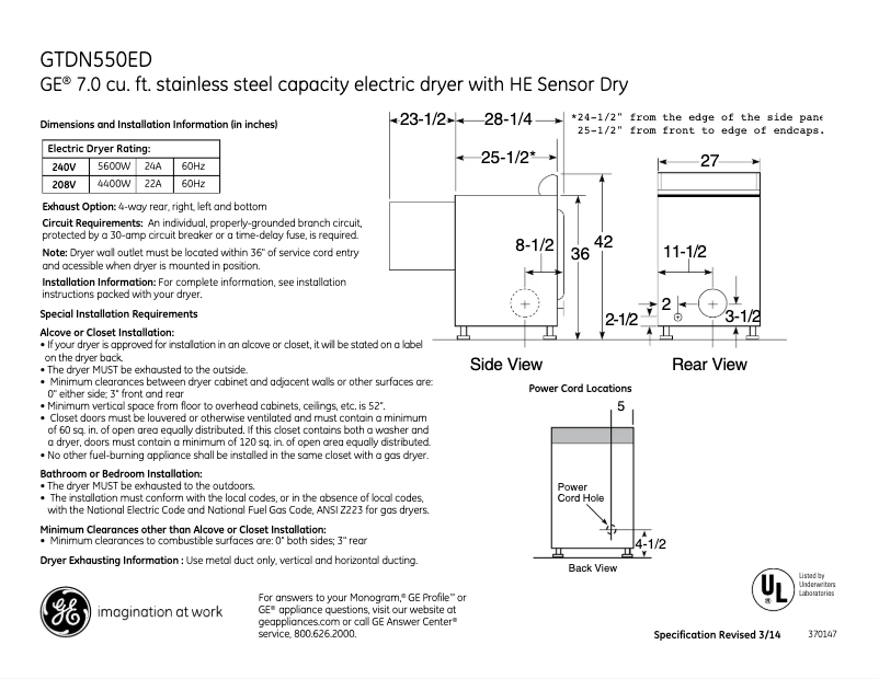 Page 1 de la notice Fiche technique GE DLSR483EECC