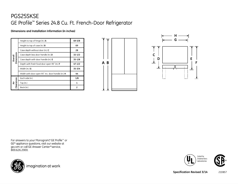 Page n°1 - Fiche technique GE Profile PGS25KSESS