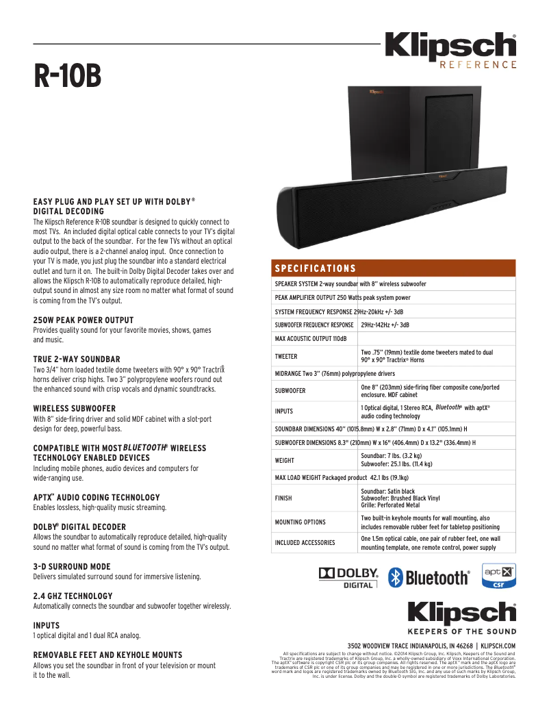 Page 1 de la notice Fiche technique Klipsch Reference R-10B