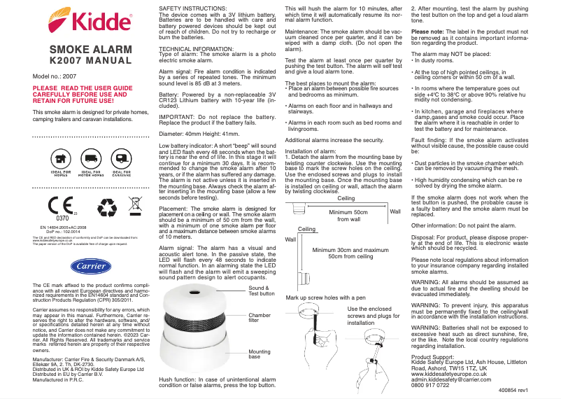 Page n°1 - Manuel utilisateur Kidde K2007