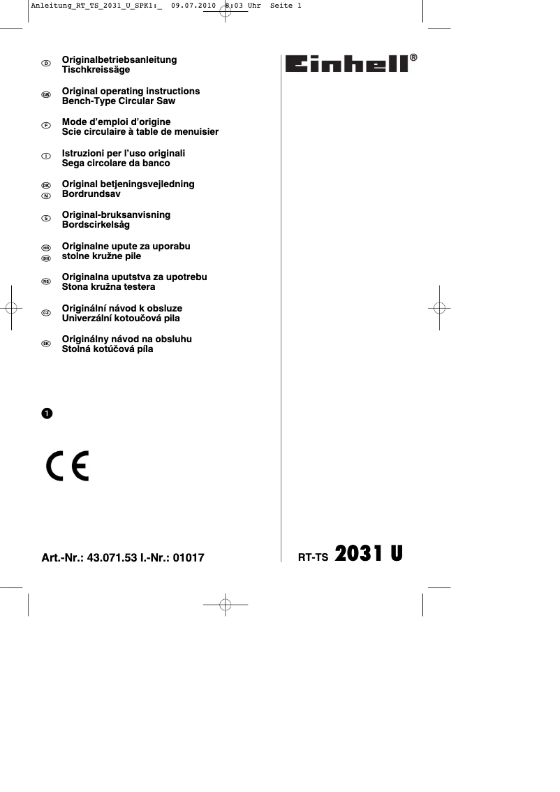 Page 1 de la notice Mode d'emploi Einhell RT-TS 2031 U