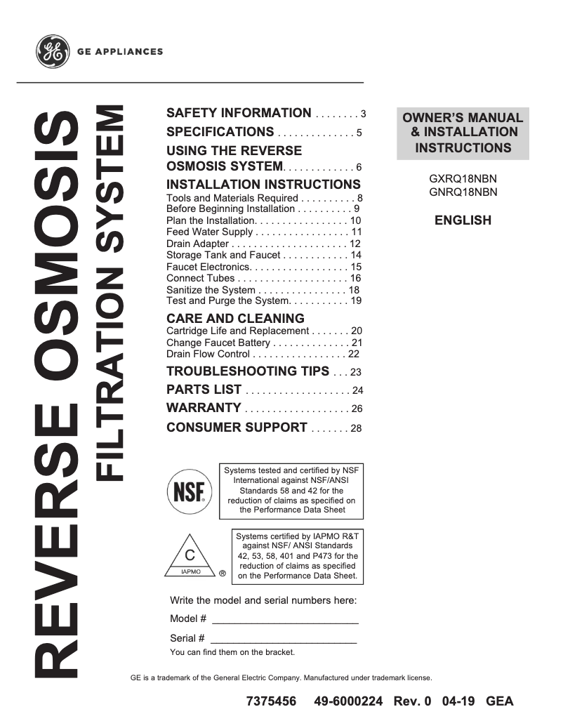 Page 1 de la notice Manuel utilisateur GE GXRQ18NBN