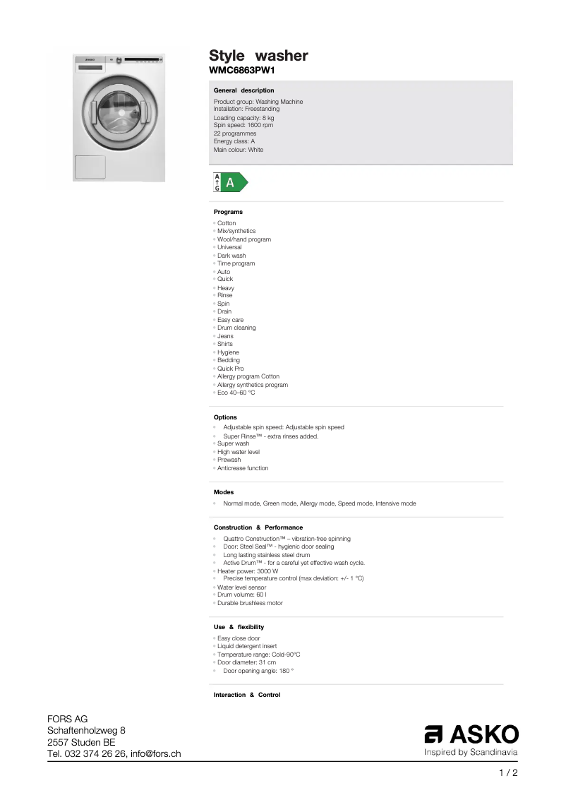 Page n°1 - Fiche technique Asko WMC6863PW1