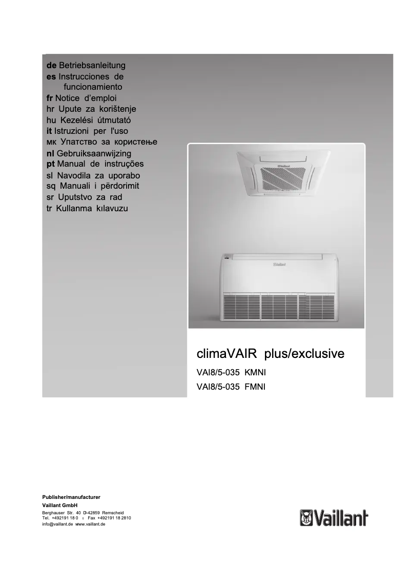 Page n°1 - Manuel utilisateur Vaillant climaVAIR exclusive VAI8/5-035 FMNI