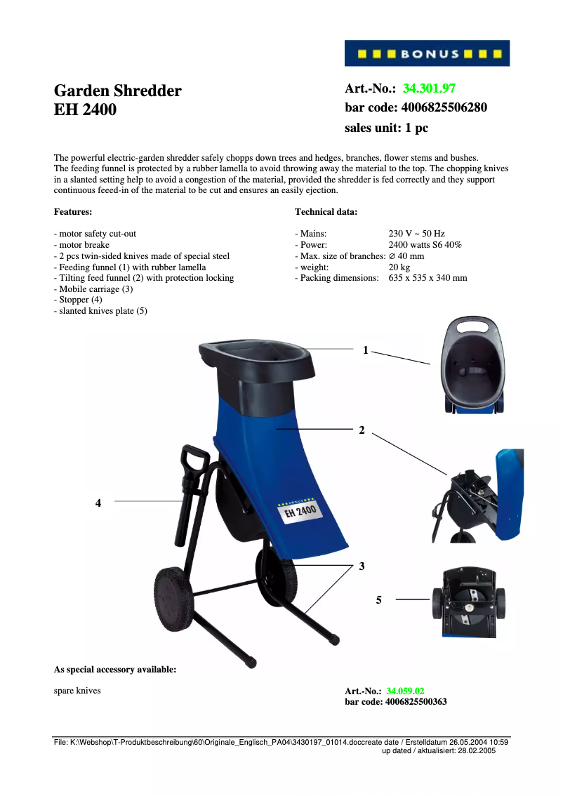 Page 1 de la notice Manuel utilisateur Bonus EH 2400