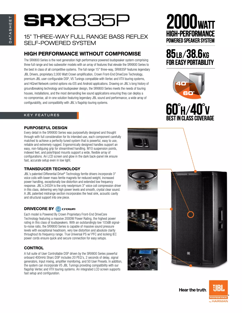 Page 1 de la notice Fiche technique JBL SRX835P