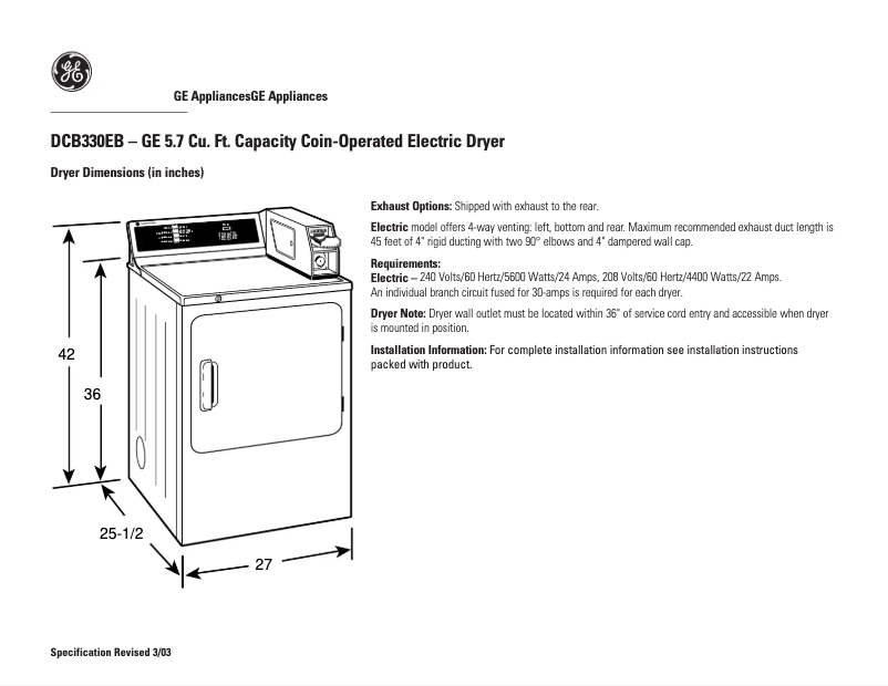 Page n°1 - Fiche technique GE DCB330EBKC