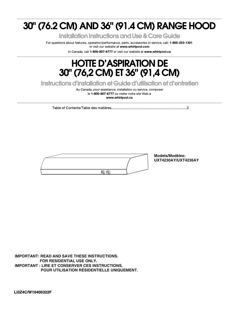 Page 1 de la notice Manuel d'utilisation et d'entretien KitchenAid UXT4230AYT