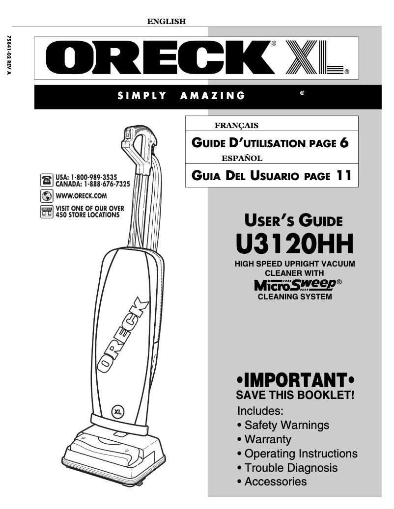 Page n°1 - Manuel utilisateur Oreck Black Deluxe Vacuum U3120HH