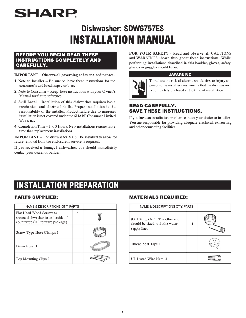 Page 1 de la notice Guide d'installation Sharp SDW6757ES