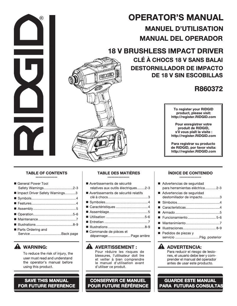 Page 1 de la notice Manuel utilisateur Ridgid R860372