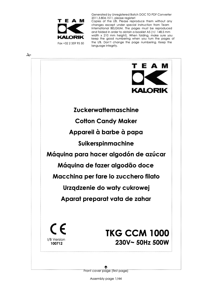 Image de la première page du manuel de l'appareil TKG CCM 1000