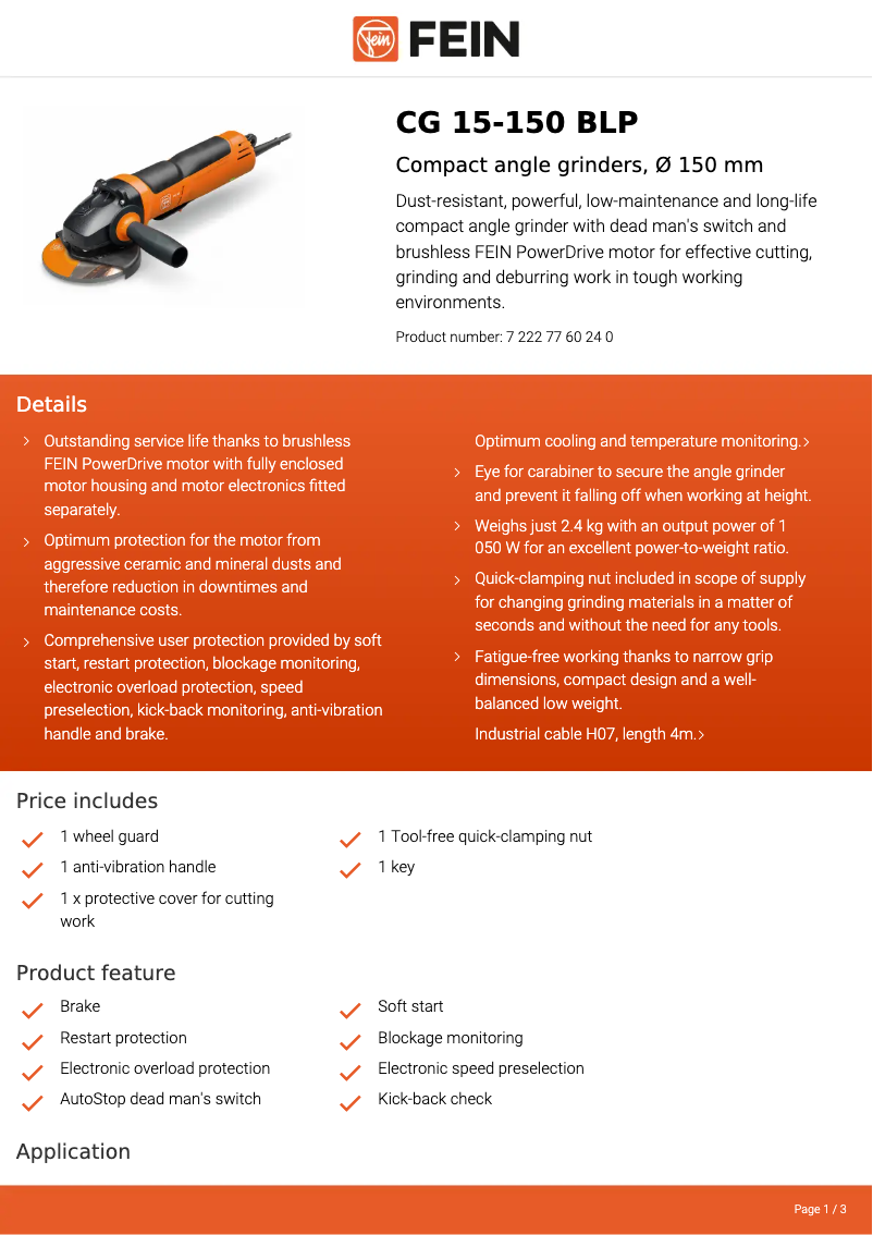 Page 1 de la notice Fiche technique Fein CG 15-150 BLP