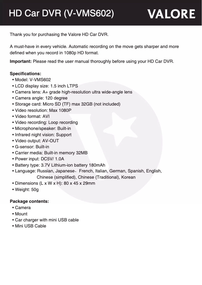 Page 1 de la notice Manuel utilisateur Valore V-VMS602