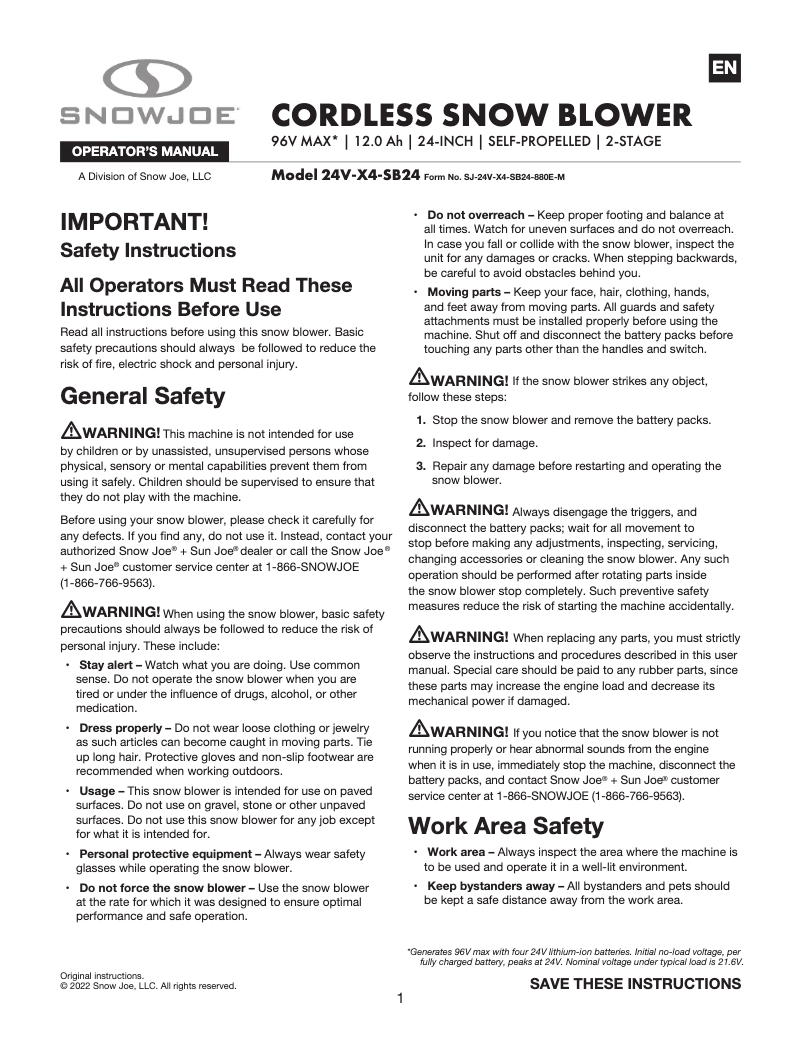 Page 1 de la notice Manuel utilisateur Snow Joe 24V-X4-SB24