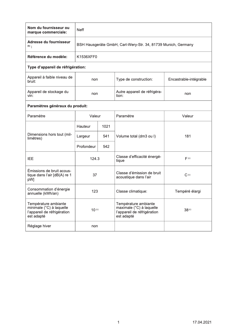 Page 1 de la notice Label énergétique Neff K1536XFF0