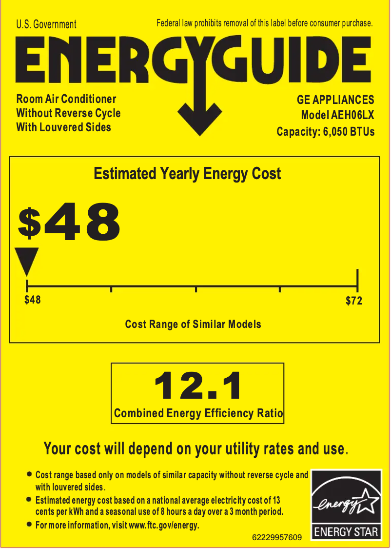 Page 1 de la notice Label énergétique GE AEH06LX