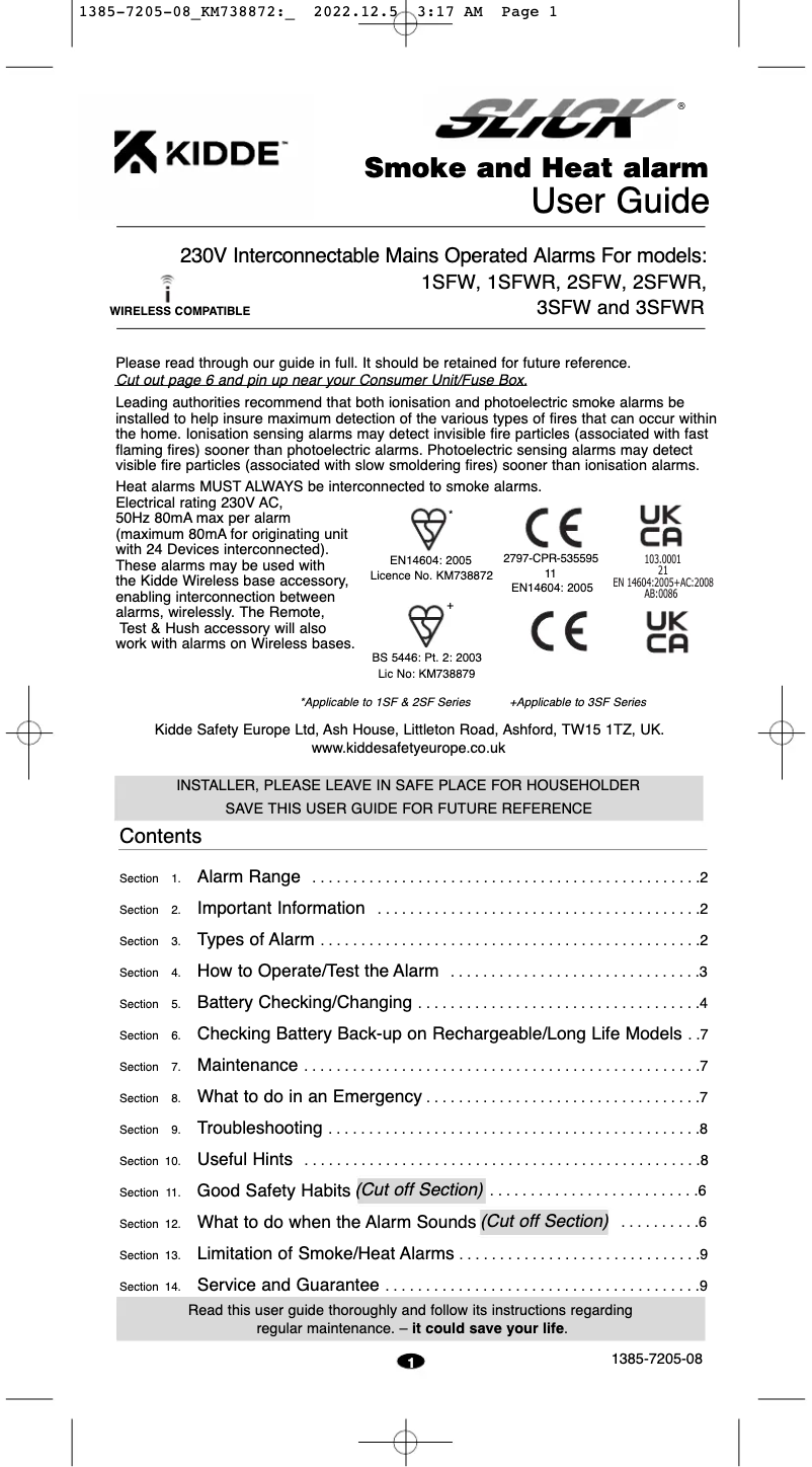 Page 1 de la notice Manuel utilisateur Kidde 3SFW