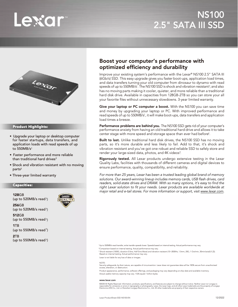 Page 1 de la notice Manuel utilisateur Lexar NS100