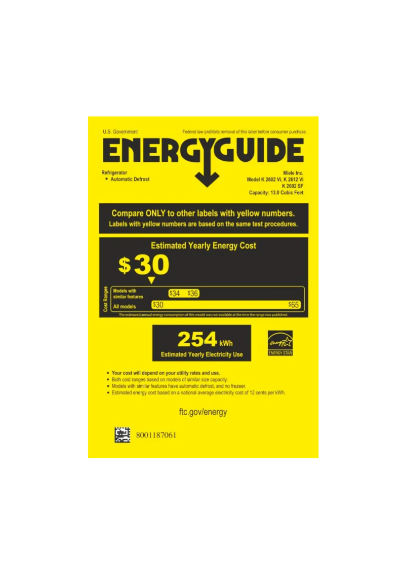 Page n°1 - Label énergétique Miele K 2602 Vi