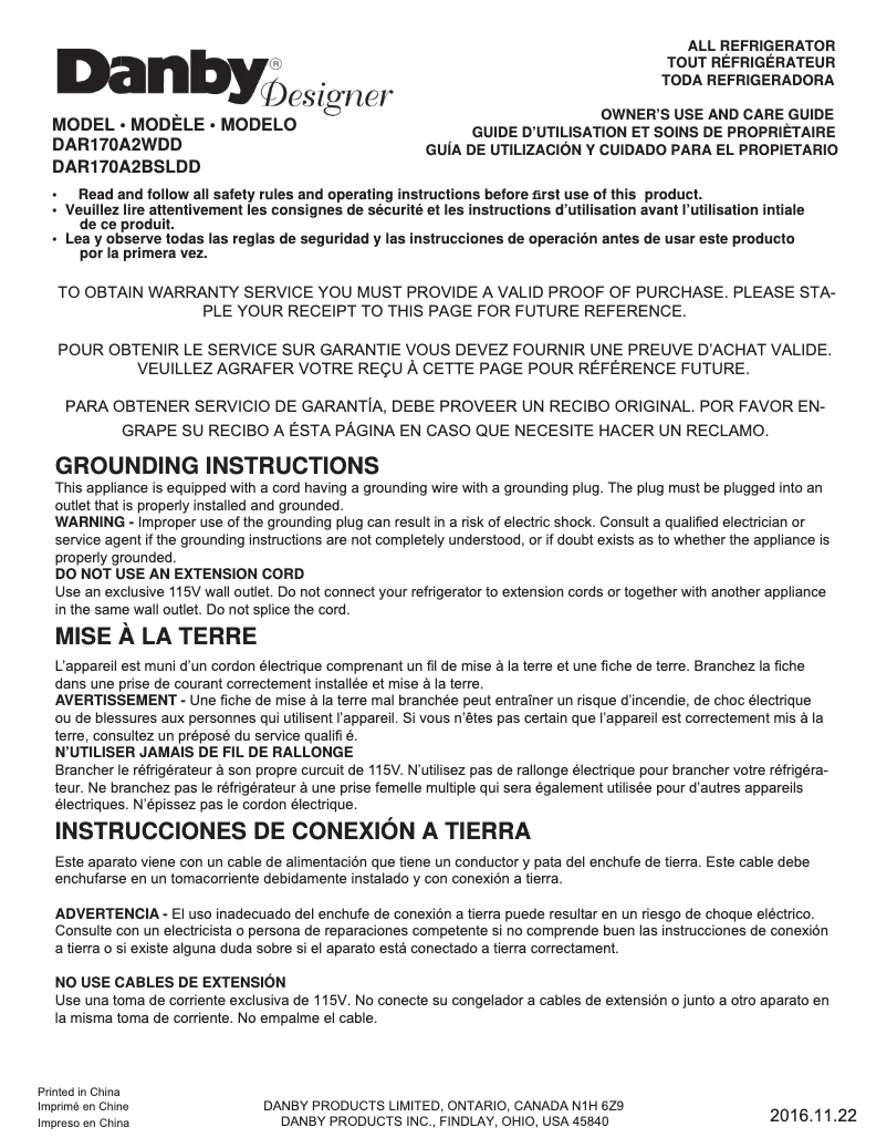 Page 1 de la notice Manuel utilisateur Danby DAR170A2