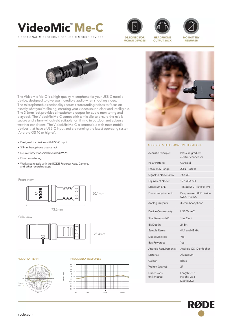 Page n°1 - Fiche technique Røde VideoMic Me-C