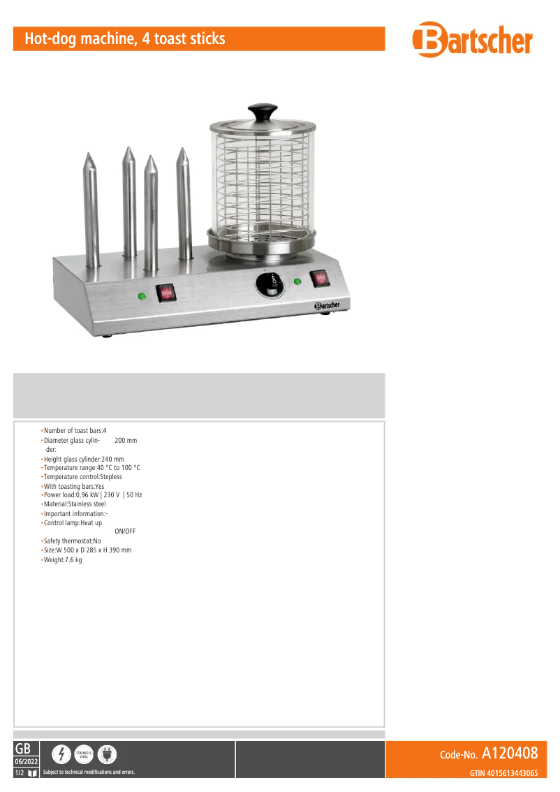 Page 1 de la notice Fiche technique Bartscher A120408