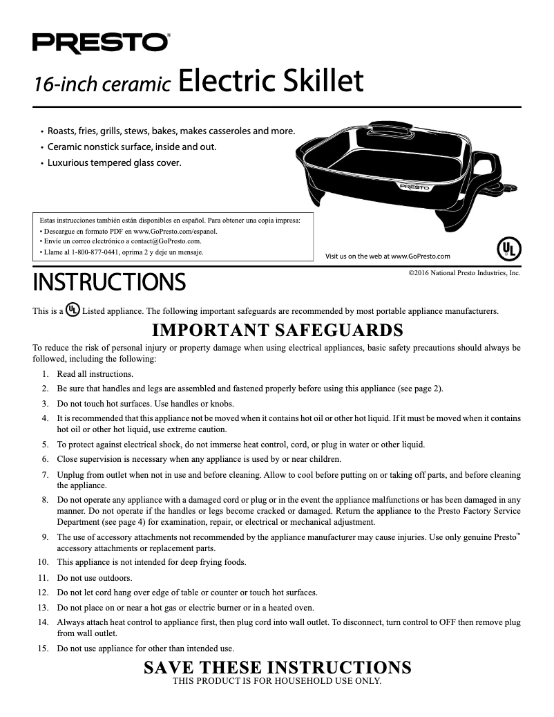Page n°1 - Manuel utilisateur Presto 16-inch Ceramic Electric Skillet 06856