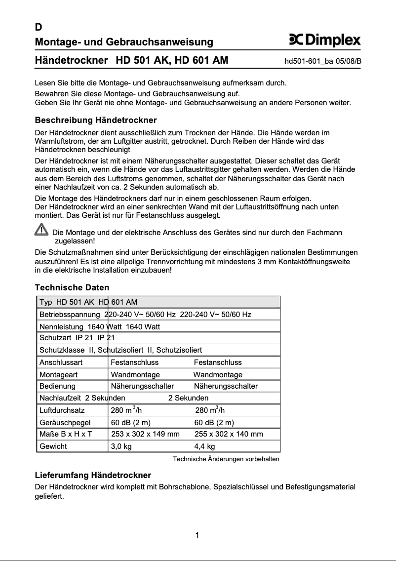 Page n°1 - Manuel utilisateur Dimplex HD 601 AM