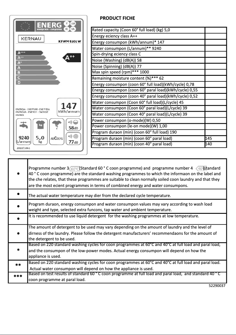 Page n°1 - Fiche technique Kernau KFWM 5101 W