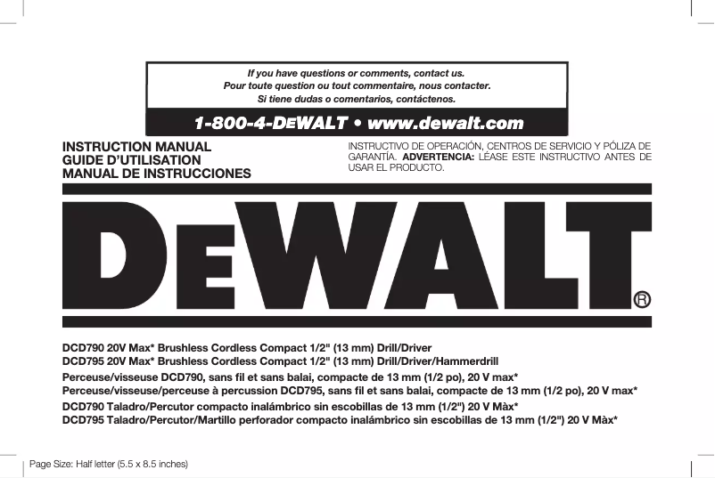 Page n°1 - Manuel utilisateur DeWalt DCD795