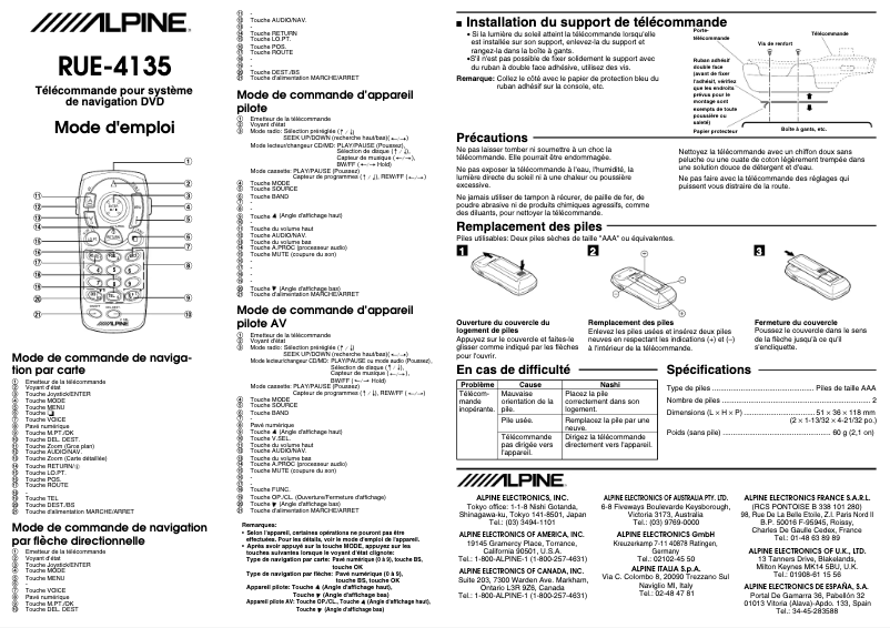 Page n°1 - Manuel utilisateur Alpine RUE-4135