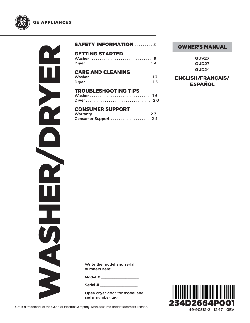 Page n°1 - Manuel utilisateur GE GUD27ESSMWW