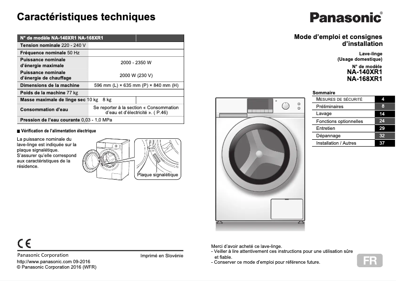 Page 1 de la notice Manuel utilisateur Panasonic NA-168XR1
