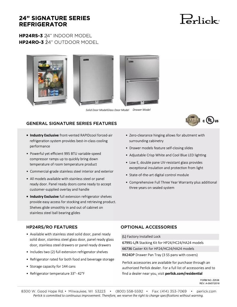 Página 1 del manual Ficha técnica Perlick Signature Series HP24RO-3-2R