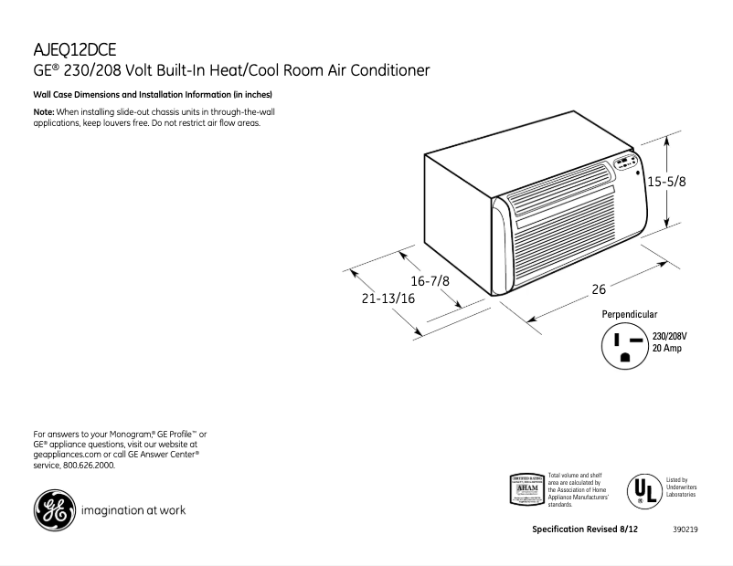 Page 1 de la notice Fiche technique GE AJEQ12DCE
