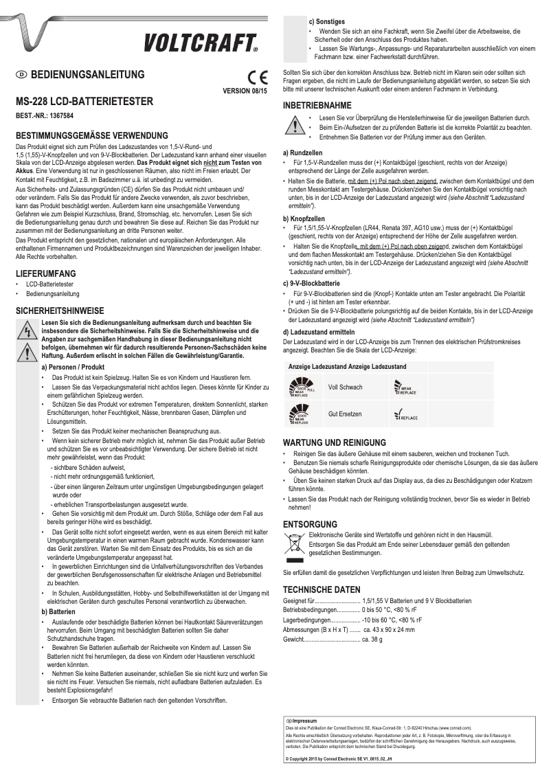 Page 1 de la notice Manuel utilisateur Voltcraft MS228