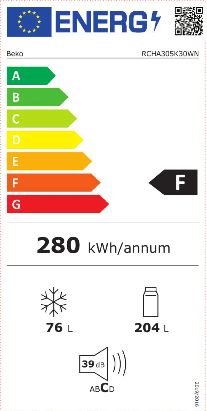 Page n°1 - Label énergétique Beko RCHA305K30WN