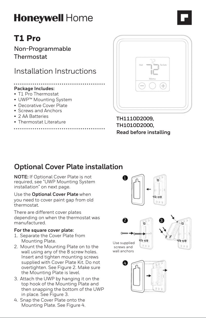 Page 1 de la notice Manuel utilisateur Honeywell TH1010D2000/U