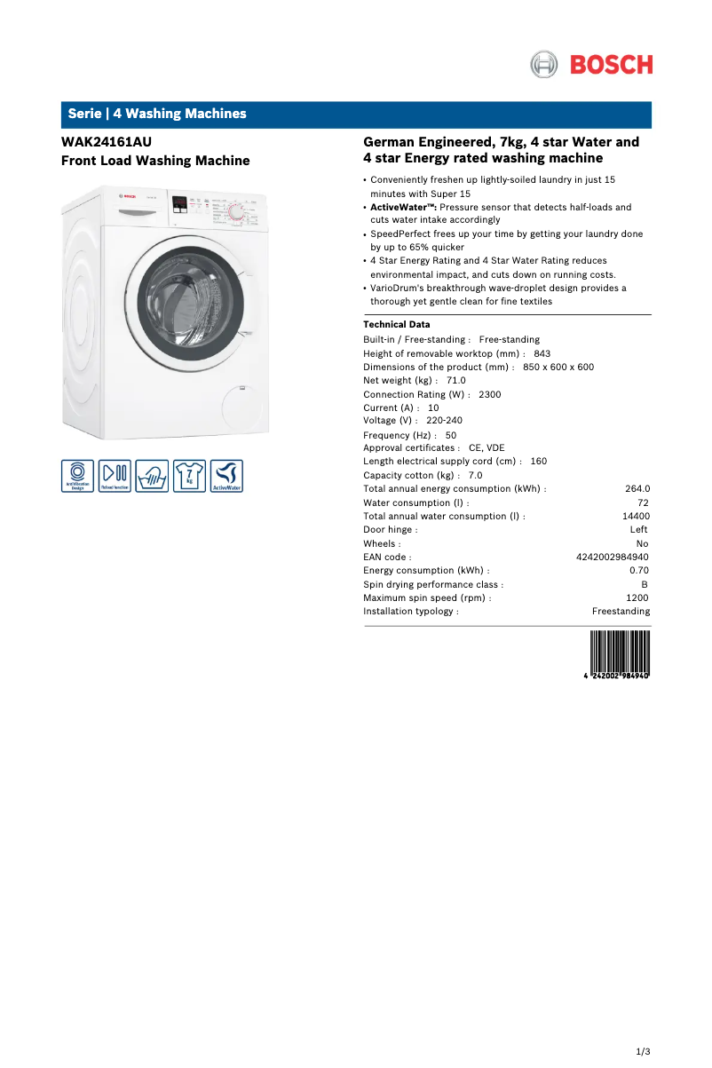 Page 1 de la notice Fiche technique Bosch WAK24161AU