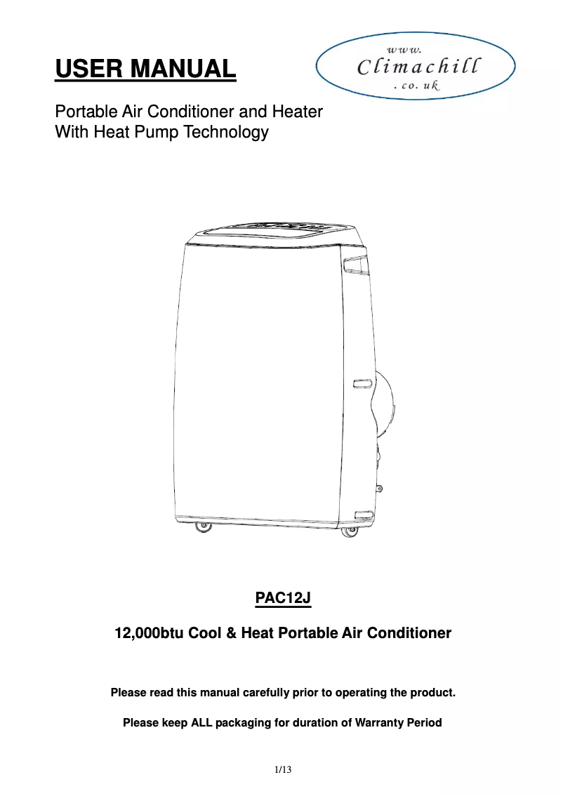 Page 1 de la notice Manuel utilisateur Climachill PAC12J