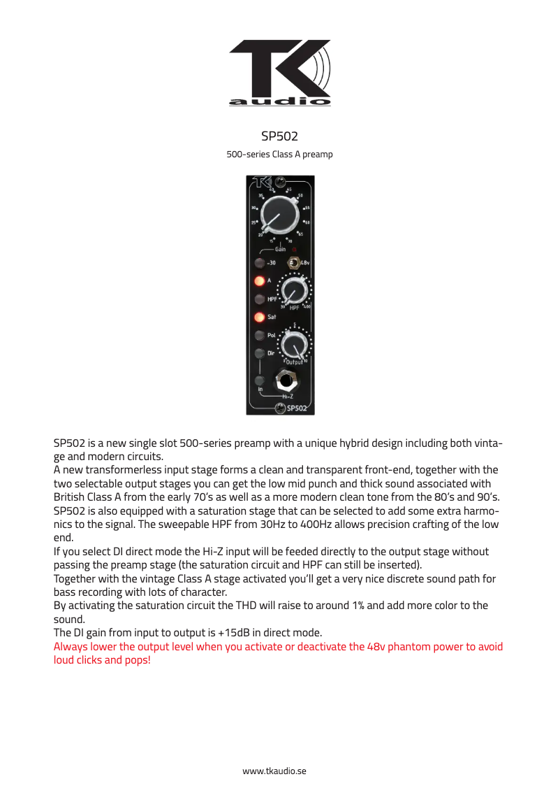 Page n°1 - Manuel utilisateur TK Audio SP502