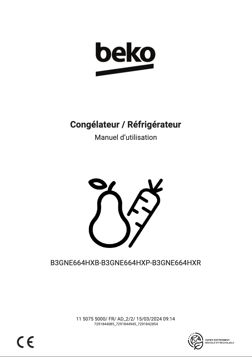 Page 1 de la notice Manuel utilisateur Beko B3GNE664HXB