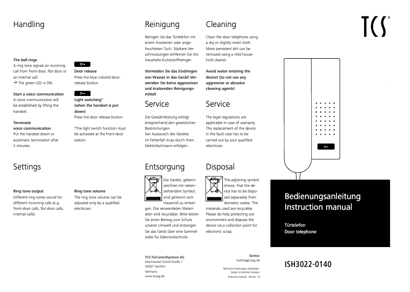 Page n°1 - Manuel utilisateur TCS ISH3022